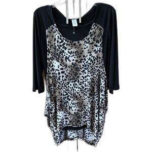 Caribe Women 3/4 Sleeve Animal Print Tunic Top Overlay XL Black Base Top Sparkle